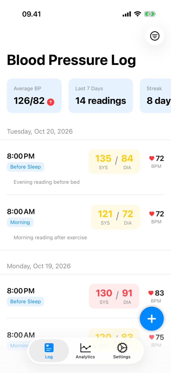 Blood Pressure Log+ showing a list of morning and evening readings