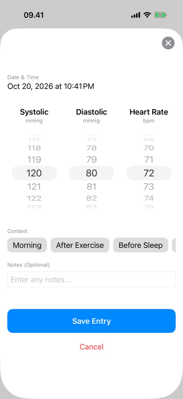 Adding a blood pressure reading with wheel pickers